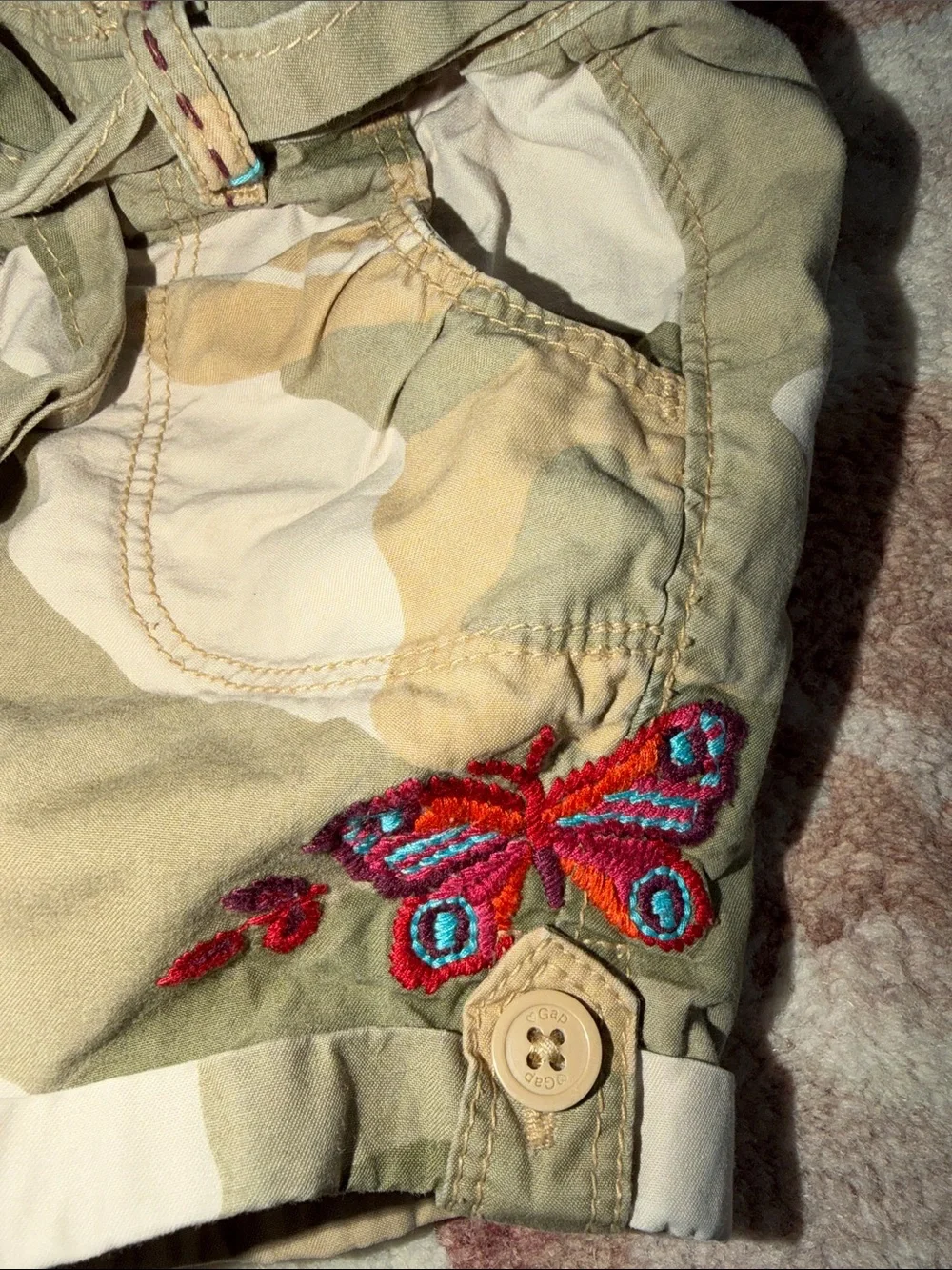 GAP Olive Camo Cargo Shorts with Embroidered Accents and Tie Belt